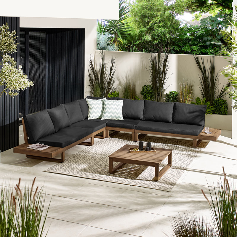 Temmy Solid Wood 7/8 Seater Garden Sofa Set With Coffee Table - Outdoor Patio Lounge Modern Garden, Walnut/Black