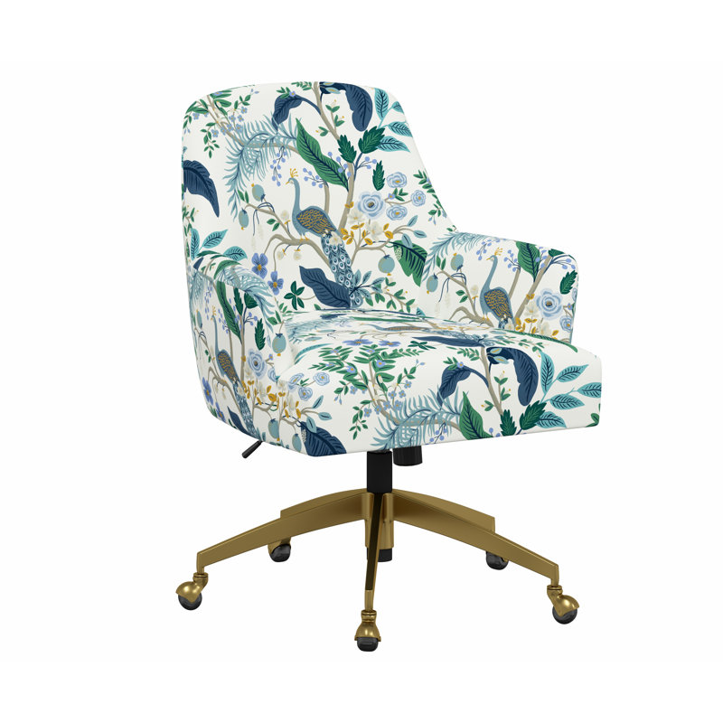 Chaise de bureau avec base Yvette, Bleu paon et lin blanc RPC, Or brossé