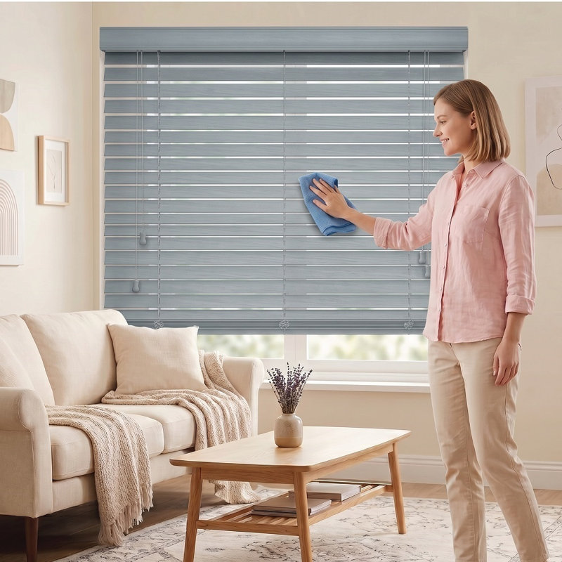 Modern PVC Faux Wood Venetian Window Blinds Moisture Resistant Corded Shades for Living Room Bedroom Kitchen, Grey