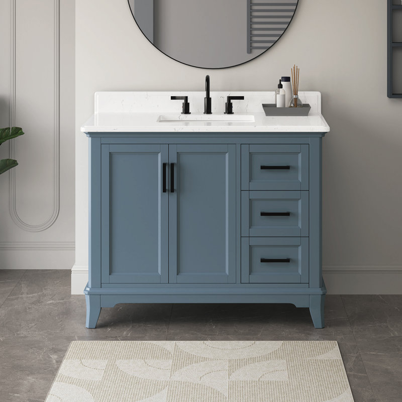 Rawsonville 42" Free Standing Single Bathroom Vanity with Quartz Top, 42", Steel Blue, Matte Black
