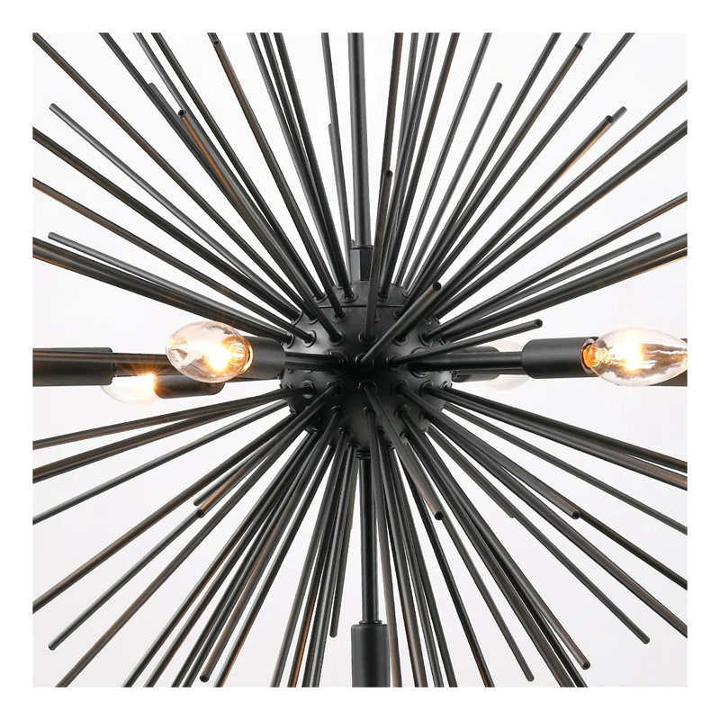 Lustre Sputnik moderne à 7 lumières en métal noir, style étoile, avec chaîne réglable, idéal pour salle à manger ou chambre.