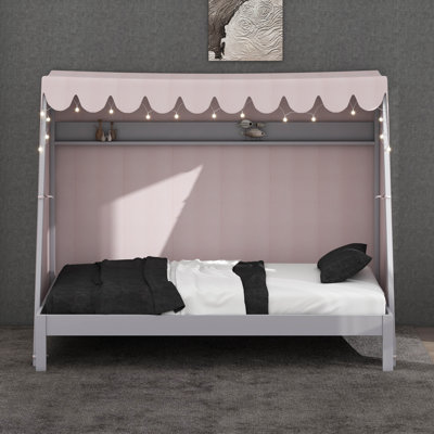 Lit simple TG, lit gigogne en pin et contreplaqué, lit pour enfant avec tente écossaise rose, bande lumineuse à DEL jaune chaud, tablette de rangement