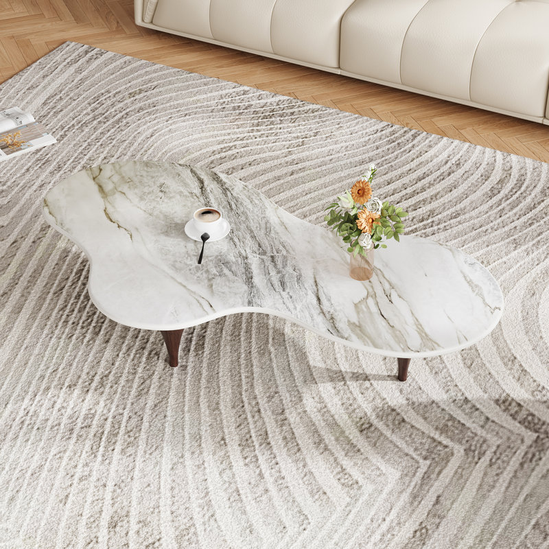 54.8" Modern White Sintered Stone Top Coffee Table with Three Brown Legs, Cloud Living Room Table for Living Room, Office