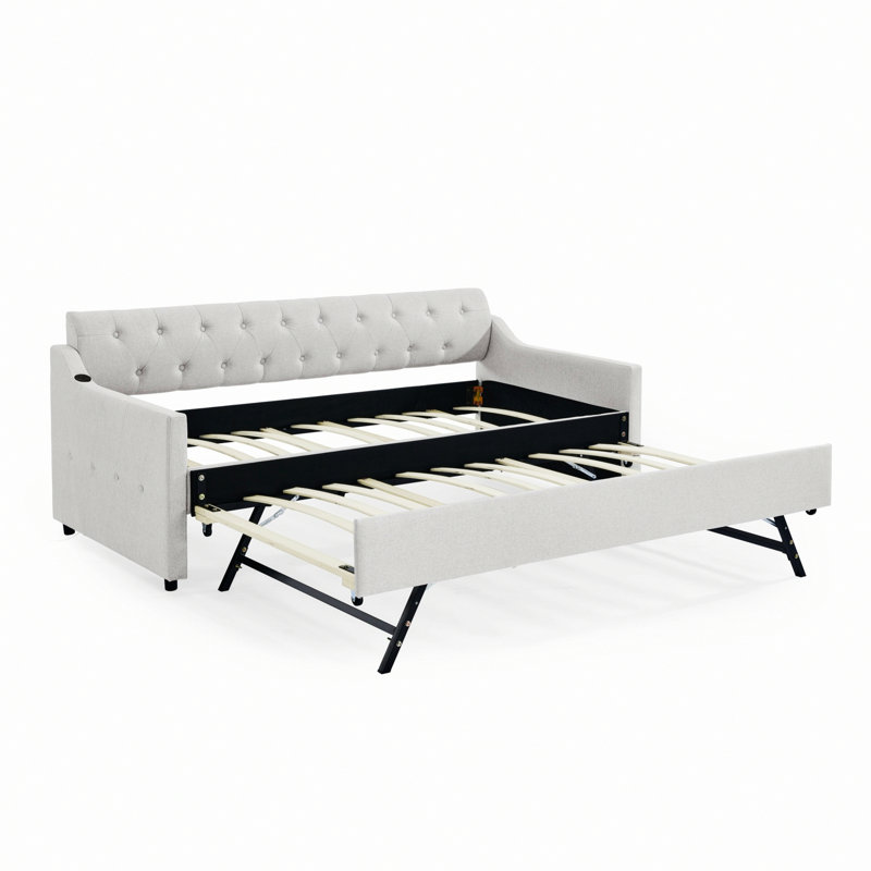 Daybed With Trundle And USB Charging Design, Beige