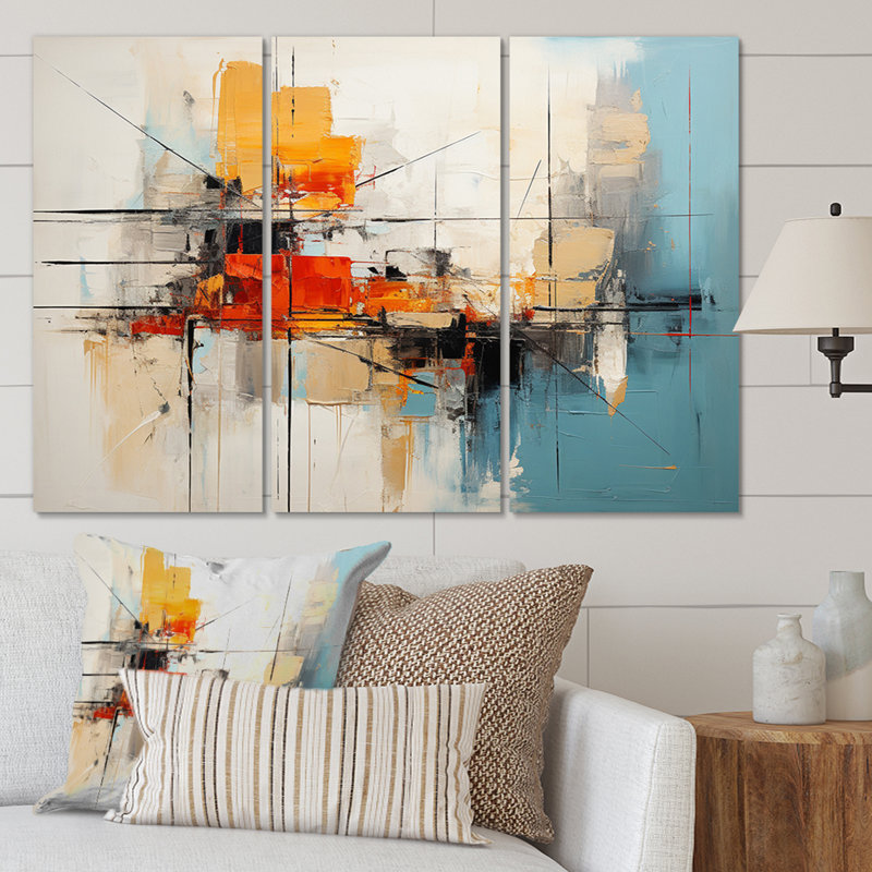 Bleu sarcelle, orange, audacieux, énergie IV - abstrait, ensemble d'art mural sur toile, H 28 po x l 36 po x P 1 po
