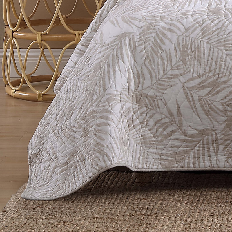 Beige Cotton Reversible Full Quilt Set with Fern Design