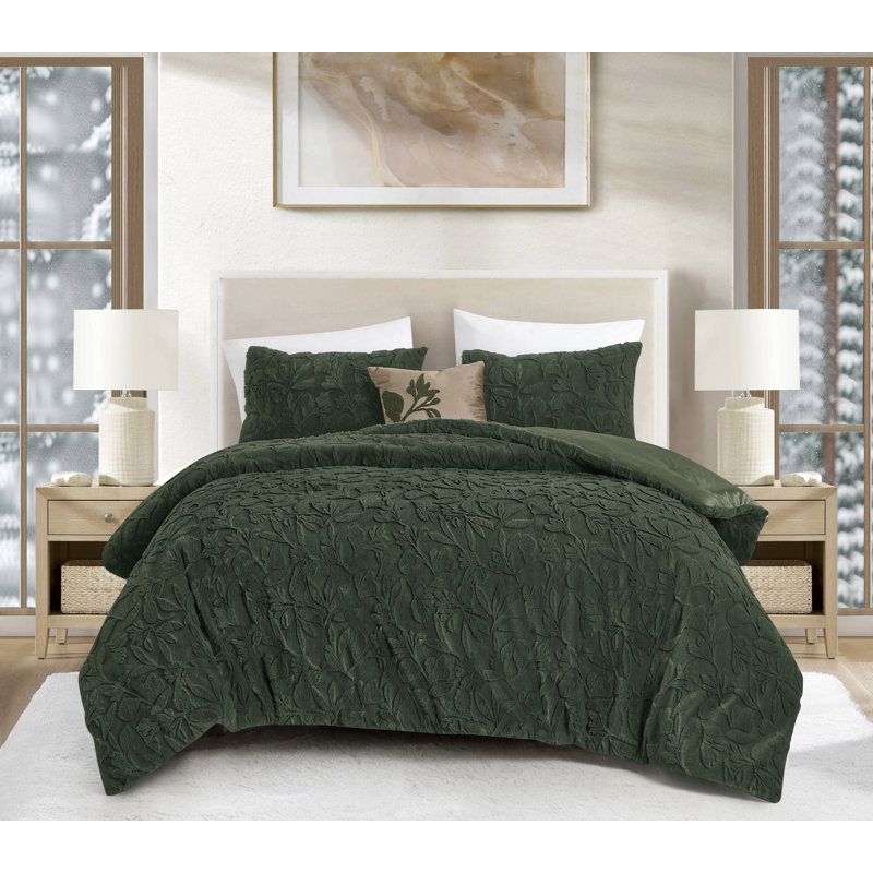 Ensemble d'édredon de luxe texturé - Ensemble de literie 4 pièces moelleux avec coussin décoratif, Olive