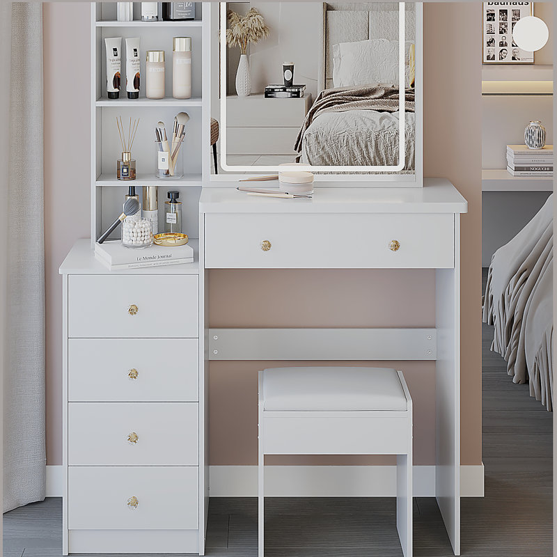 37" Middle Size Left Bedside Cabinet Vanity Table + Cushioned Stool, Large Sliding, Touch Control, Tri-colour Switching, Brightness Adjust LED Mirror, High Capacity Storage, Suitable for Middle Space