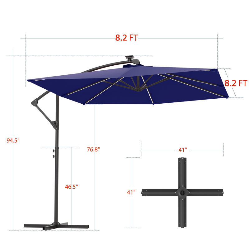 Parasol de terrasse 8,2 pi à DEL: Protection contre le soleil et la pluie avec éclairage ambiant, Bleu Nary