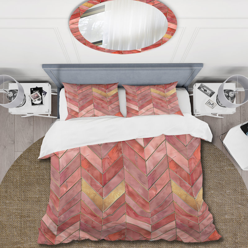 Ensemble de housse de couette rose doré à motif de chevrons glamour Mid-Century