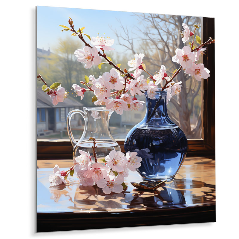 Nature morte, fleurs de cerisier roses, vase bleu - bouquets assortis, Métal métal, H 32 po x l 16 po x P 1 po