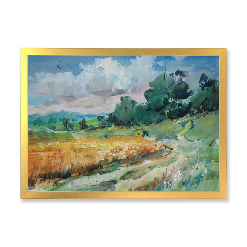 Scenery Road Wheat Field - Print on Canvas, Gold Picture Framed, 24" H x 36" W x 1" D