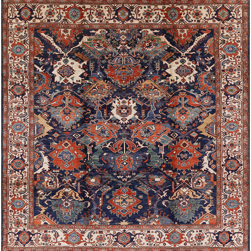Tapis oriental brun / beige / bleu, Carré 8 pi