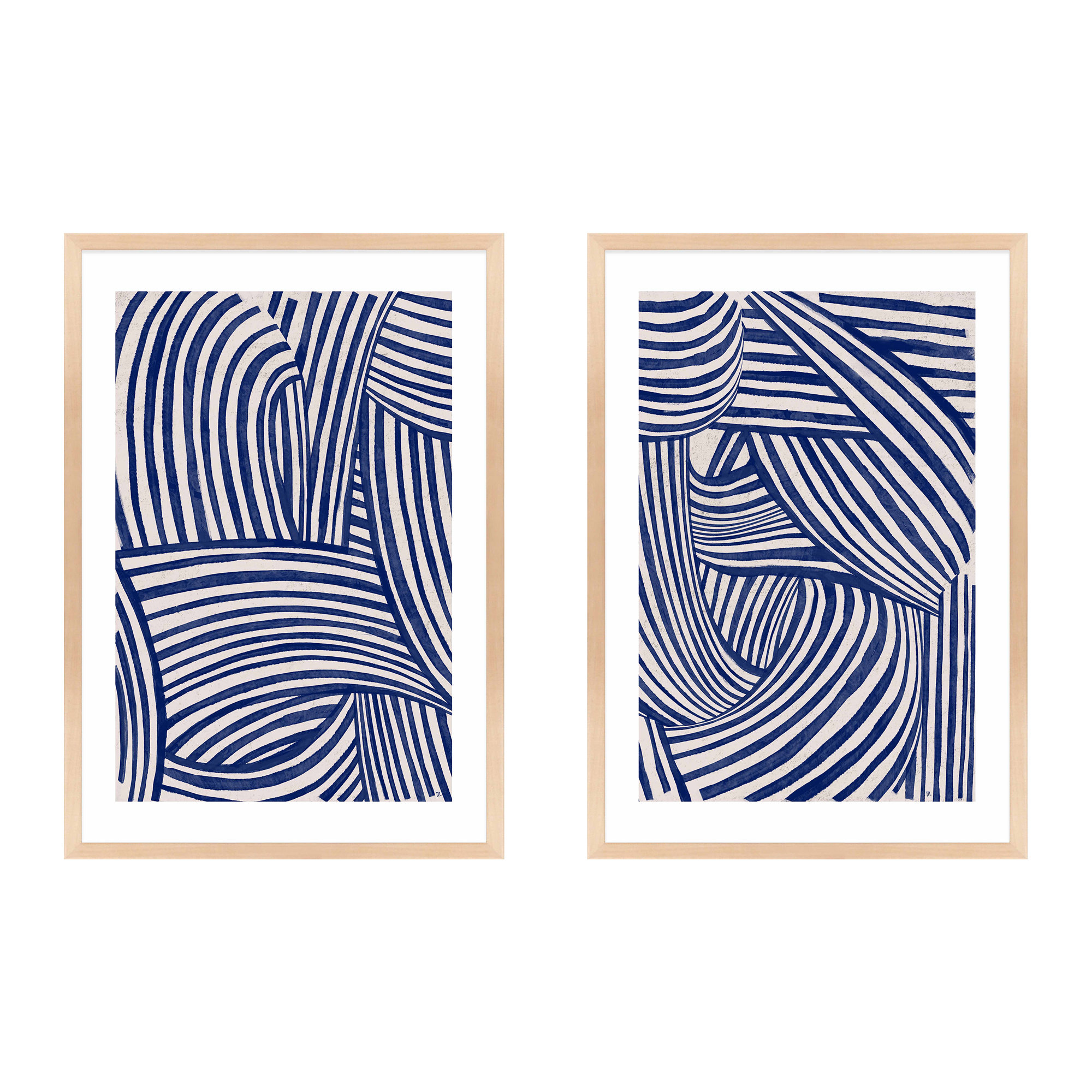 Blue Waves. Set of 2 by Marco Marella for Studio M - Framed Wall Art, Maple Framed, 25" H x 17.5" W x 1.25" D