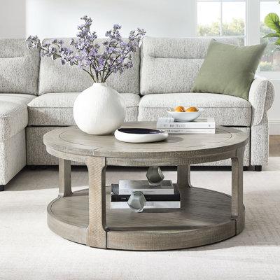 Table basse ronde en bois courbée à 2 niveaux de 40 pouces avec roues, style Mid-Century pour la décoration d'appartements, brun, facile à nettoyer