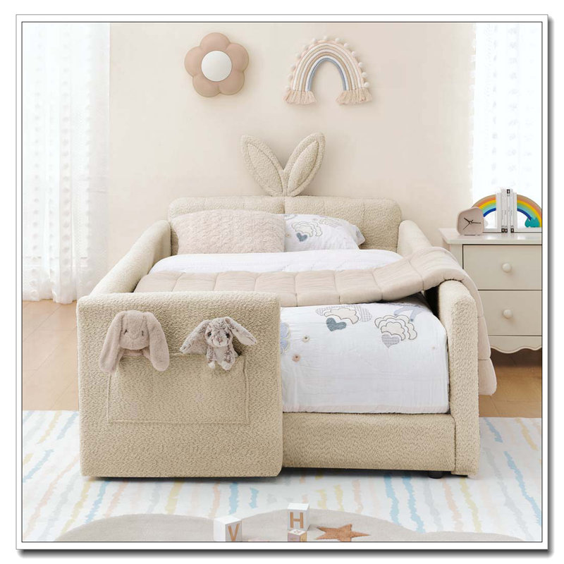 Twin Size Upholstered Platform Bed with Cute Rabbit Ear Shaped Headboard, Boucle