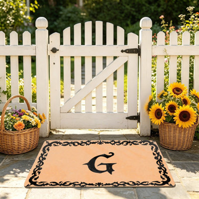 Tapis de porche à bordure florale Monogram G 24 po x 36 po, noir et beige