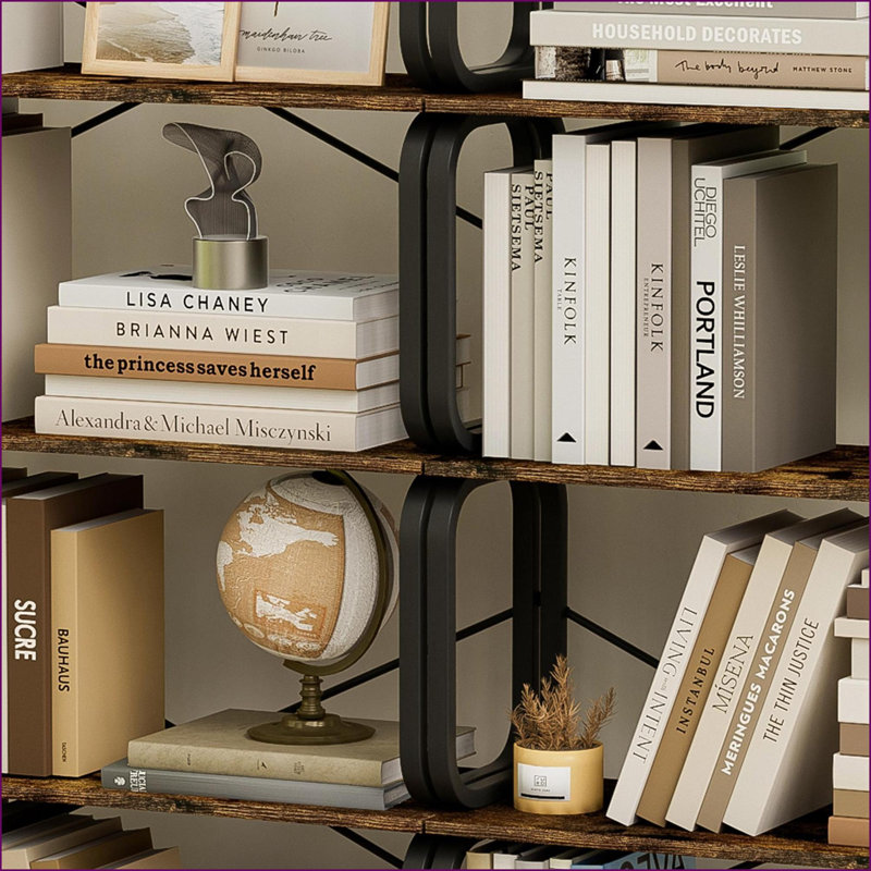 Bibliothèque à 5 niveaux de style industriel rustique | Panneau de fibres à densité moyenne et cadre en métal | Conception anti-basculement | Bois aggloméré + fer | Industriel