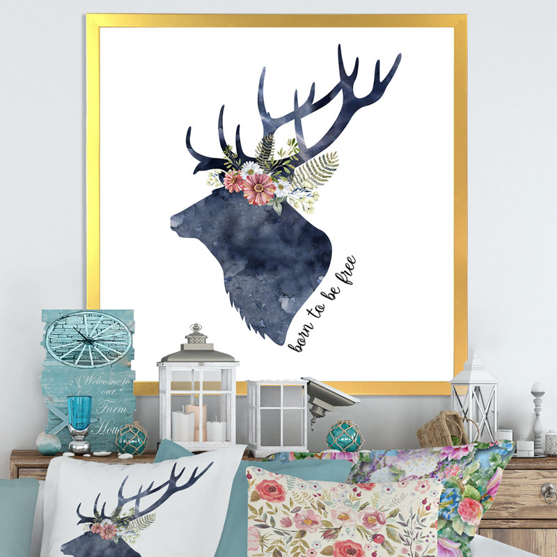 «Botanical Deer Head Silhouette», reproduction d'art sur toile, H 30 po x l 30 po x P 1 po, Cadre doré