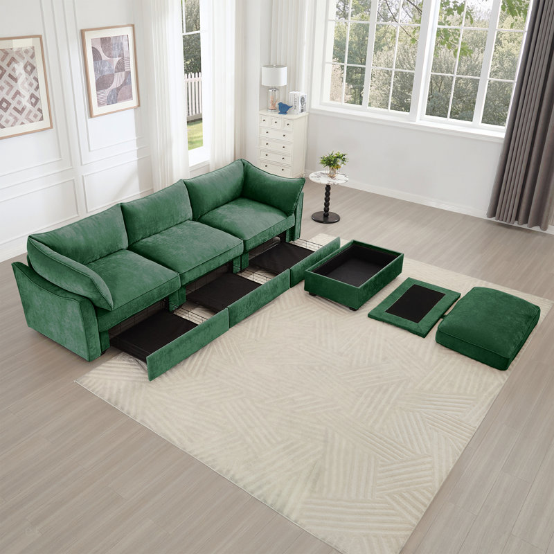 Canapé modulaire en L à 3 places, canapé 3 places avec 1 repose-pieds mobile, siège en T, confortable, large et profond, vert chenille