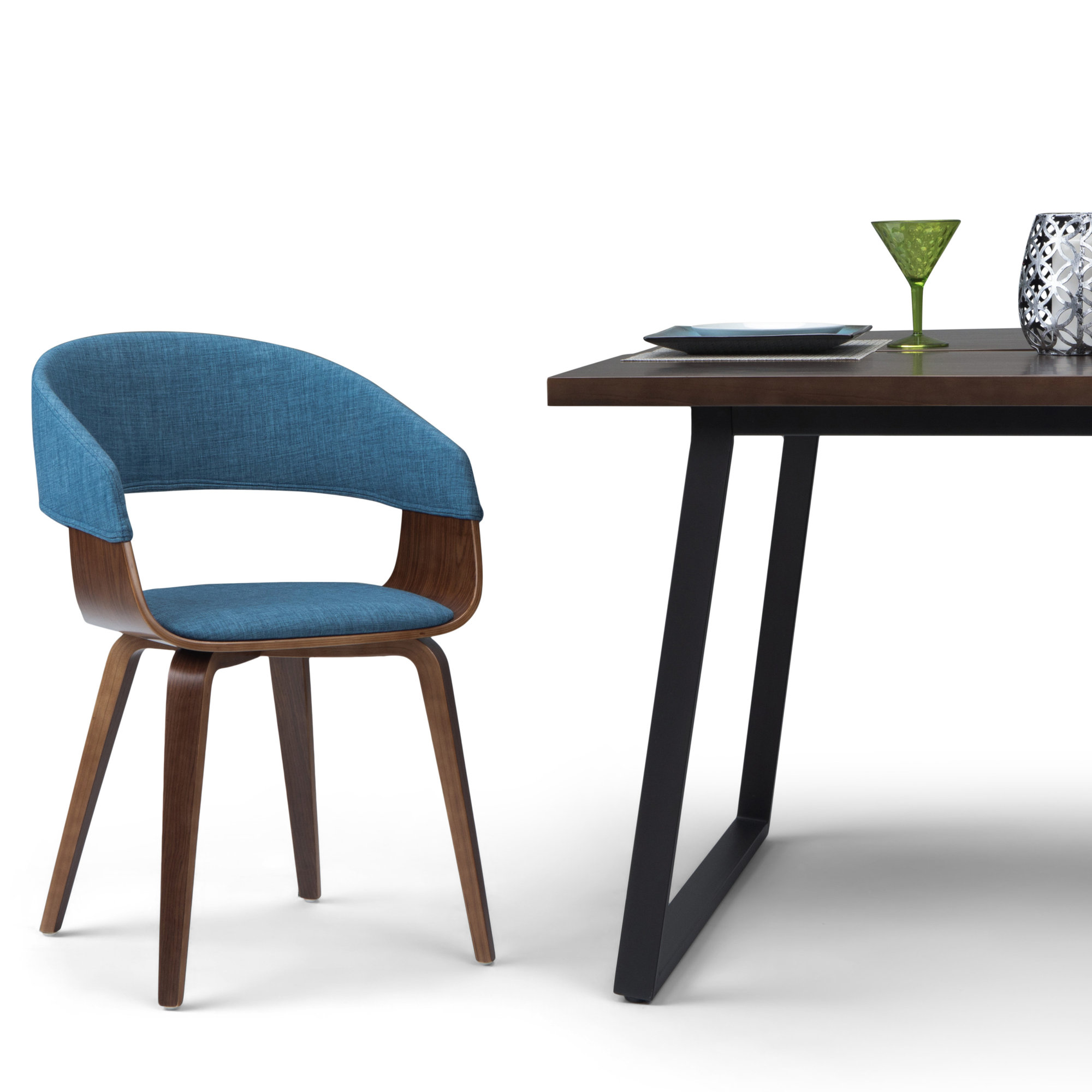 Lowell Bentwood Upholstered Dining Chair with Curved Backrest in Mid-Century Modern Style, Light Blue