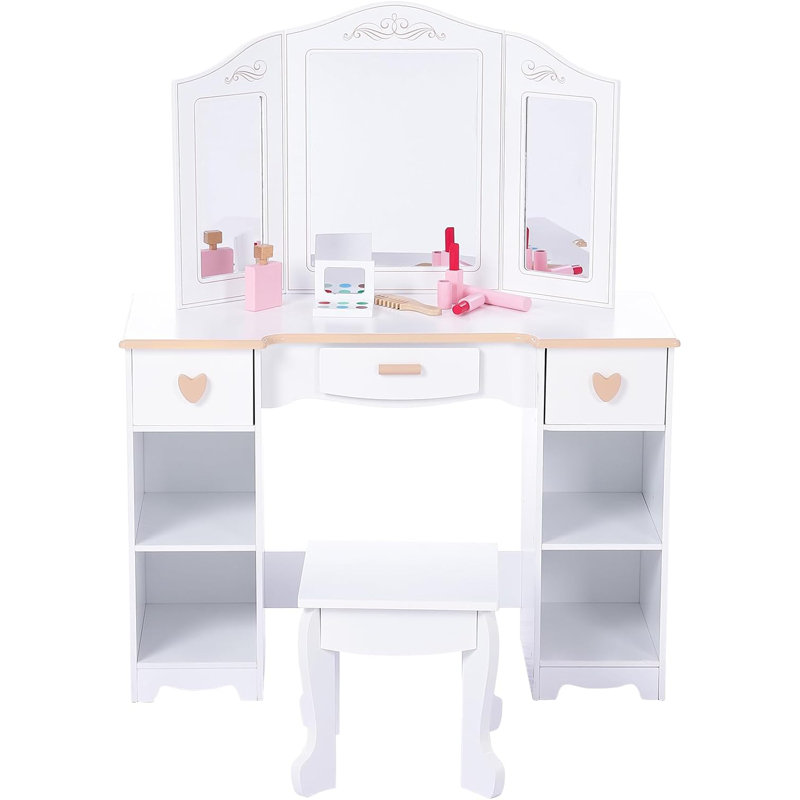 Kids Vanity Set Princess Vanity Table with Detachable Tri Fold Mirror Makeup Playset