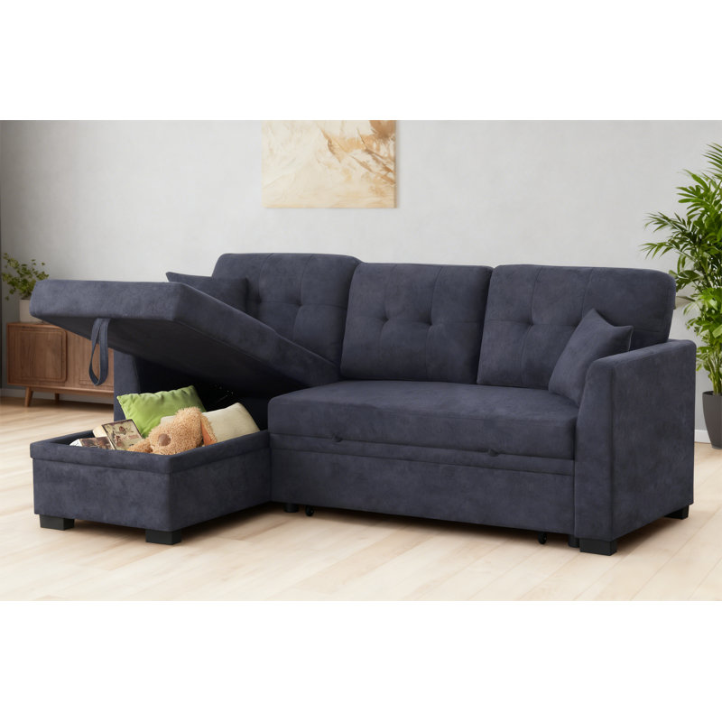Canapé-lit modulaire en forme de L avec repose-pieds de rangement bleu foncé