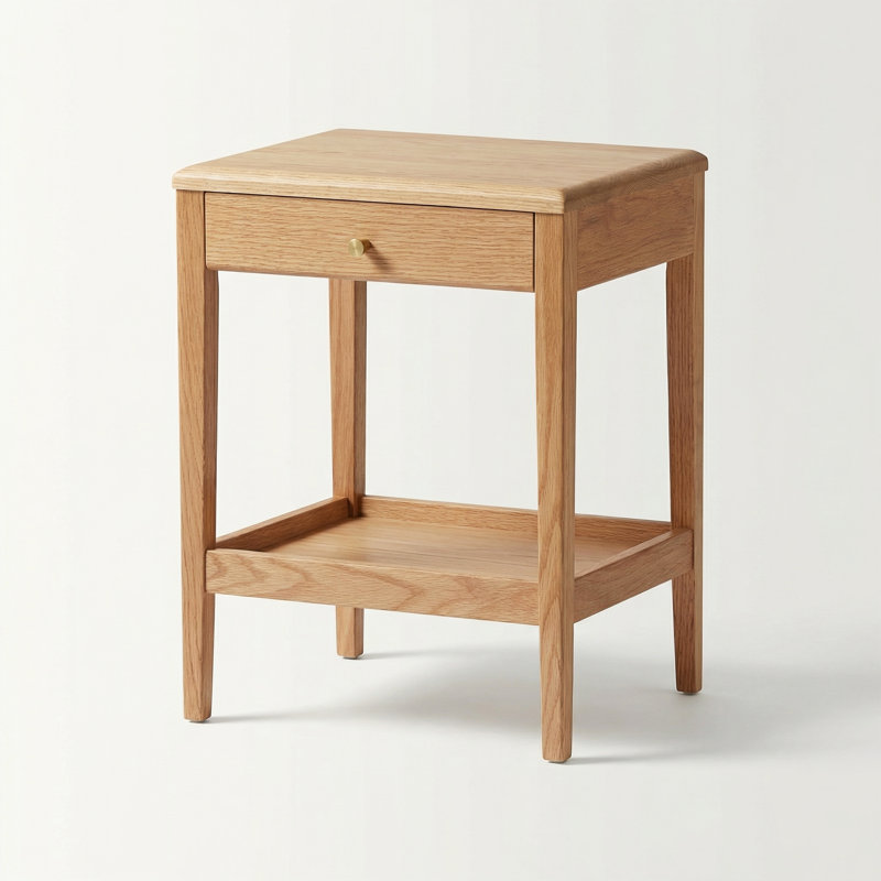 19"H Low & Narrow Assembled Solid Oak Nightstand with Drawer & Shelf, Set of 2, Natural Oak
