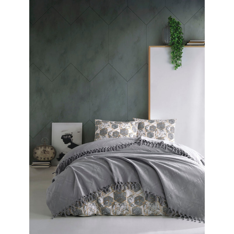 Ensemble de courtepointe moderne et contemporaine 100% coton 4 pièces Dalila, gris