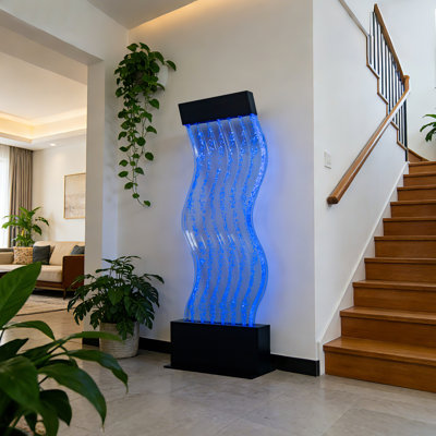 19'' Wide x 48'' Tall S-Curved Bubble Wall Fountain with Color-Changing LED Lights, Water Feature for Home, Office, Sensory Room & Therapy – Safe, Low Maintenance Decorative Mood Fountain