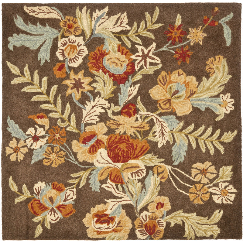 Emrick Blossom Hand Hooked Wool/Cotton/Latex Floral Rug in Brown, Square 6'