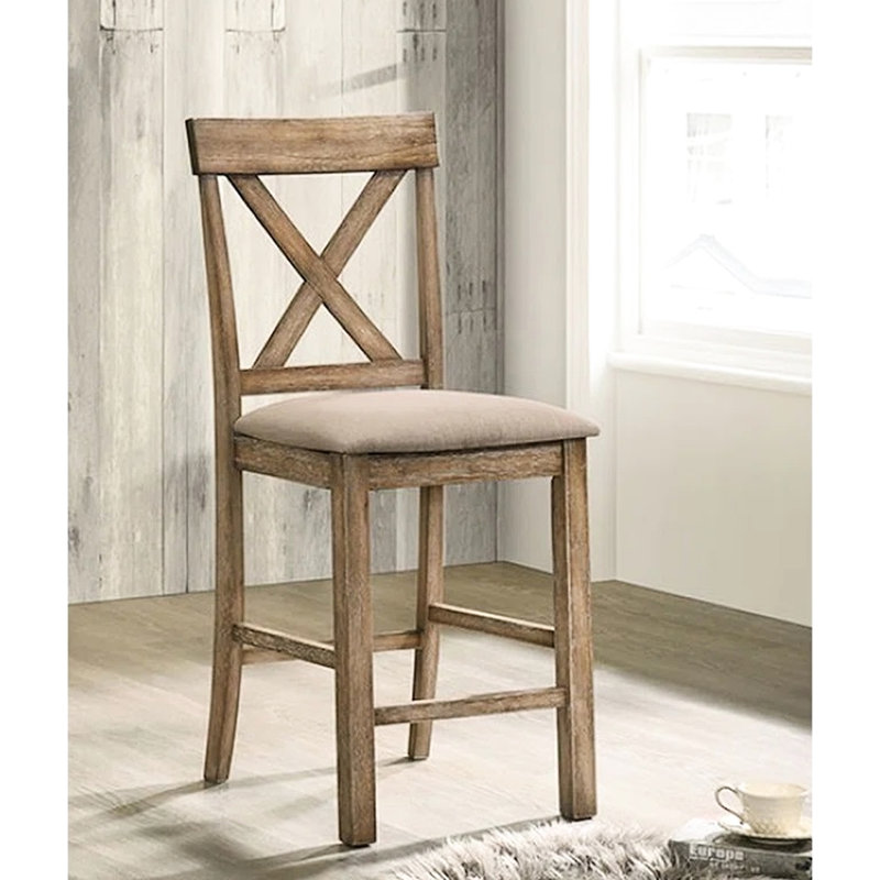 De 2 chaises de salle à manger contemporaines, sans accoudoirs, revêtues de lin, en croix, brun clair et chêne antique, siège carré rembourré, dossier à hauteur de comptoir standard,
