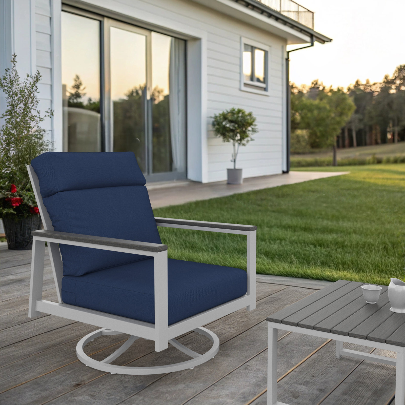 Townsend Metal Outdoor Rocking Chair With Sunbrella Cushion, Gray, Canvas Navy