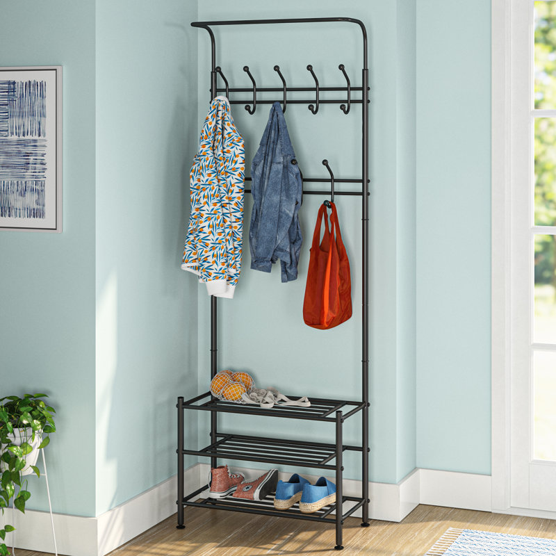 Hallway Coat Stand Steel Hall Tree with Shoe Storage, Black
