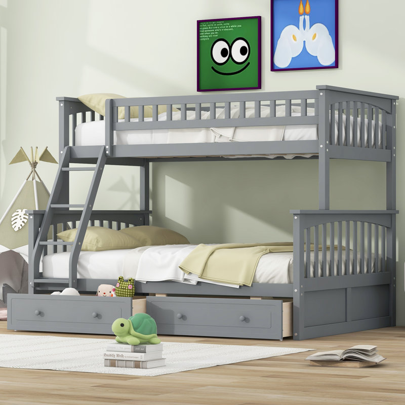 Twin Over Full Bunk Bed With Storage, Gray