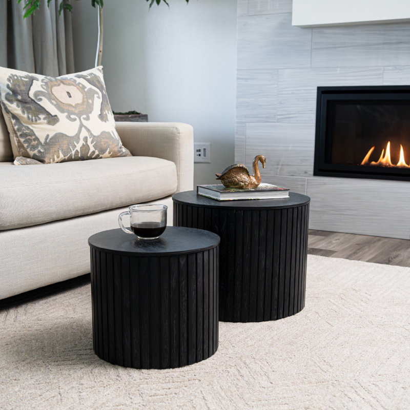 Maven Lane Austin Round Wood Nesting Coffee Tables with Storage, Black