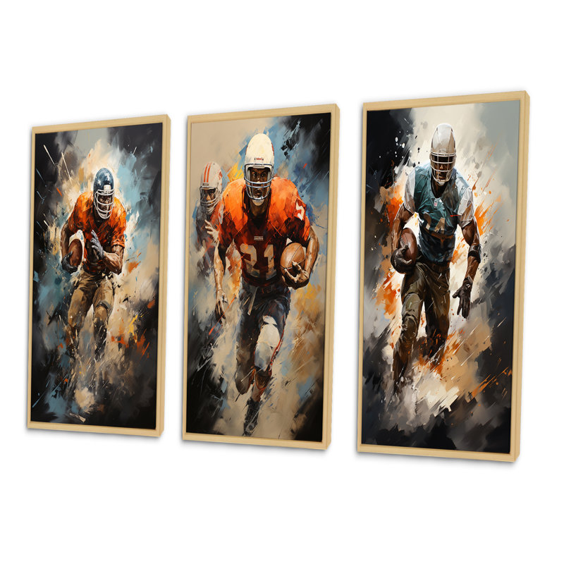 «Football Turbulent Touchdowns», 3 pièces sur toile, Cadre naturel flottant, H 32 po x l 48 po