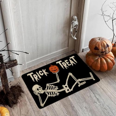Skeleton Halloween Door Mat Outdoor, Trick Or Treat Skull Halloween Doormat Welcome Mat, Black, 17"X30"
