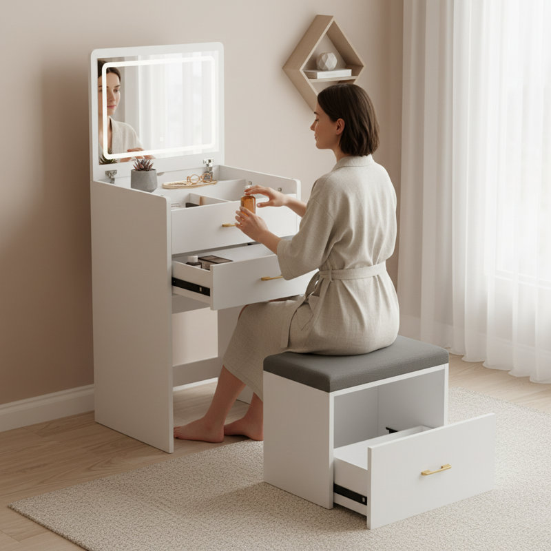 White Vanity Desk With Charging Station, Open Mirror, And Glass Top