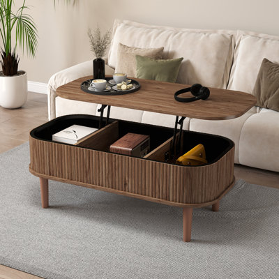Coffee Table, Fluted Lift Top Coffee Tables for Living Room, Center Tables with Hidden Compartment, Modern Oval Coffee Table for Home Office, Walnut