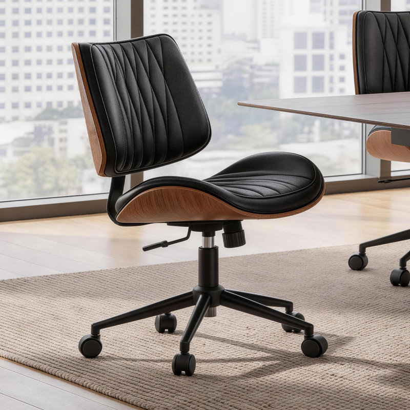 Modern Walnut Bentwood Armless Task Chair with Diamond Tufted Backrest, Black