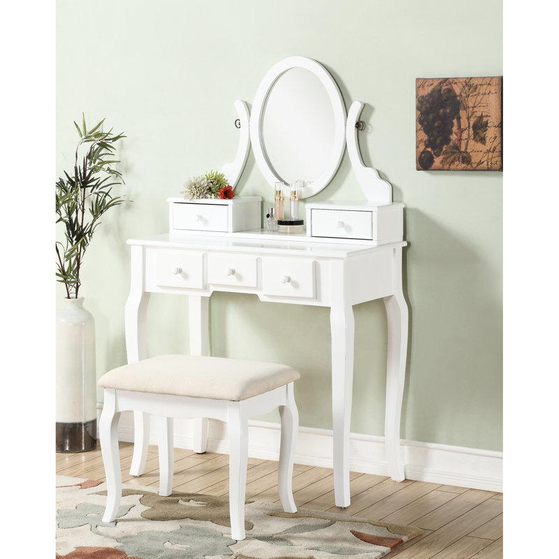 Table de coiffeuse blanche et tabouret By Wood - Miroir ovale réglable et 5 tiroirs pour le rangement des cosmétiques