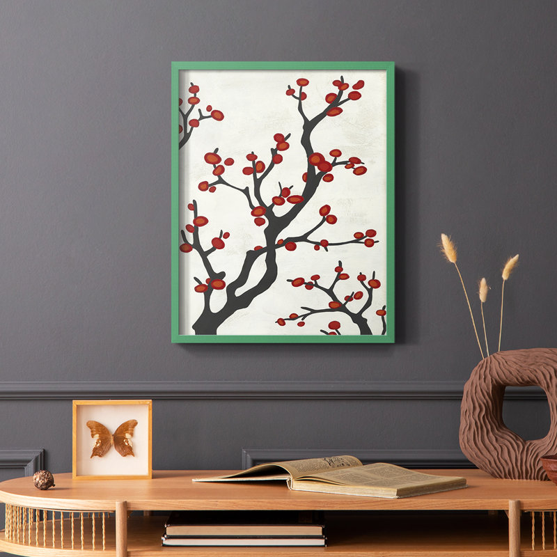 Red Berry Branch I Framed Print - Solid Wood, 10" H x 8" W, Green