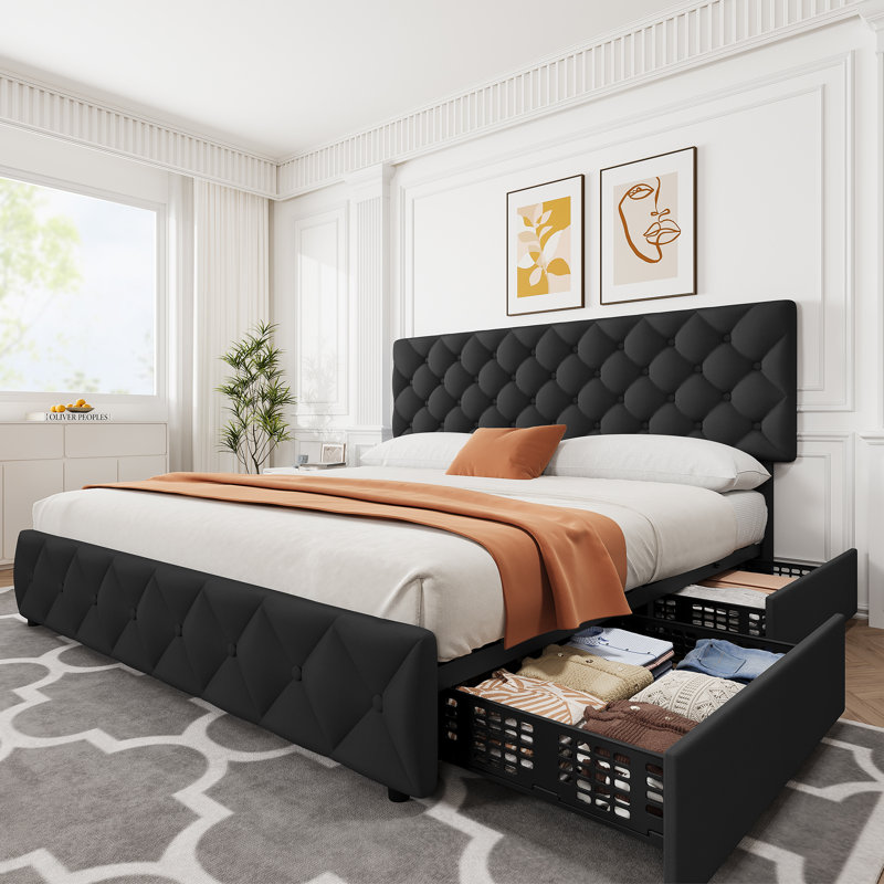 Base de lit tapissier très grand avec 4 tiroirs de rangement, tête de lit réglable capitonnée à motif de losanges, capacité de poids de 1000 lb, lattes de bois silencieuses, aucun sommier requis, noir