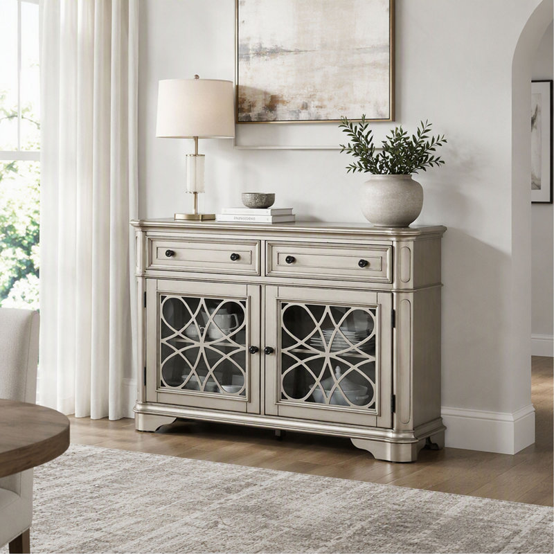 Buffet en bois au fini argenté avec tiroirs et rangements, meuble d'appoint de style traditionnel pour le rangement et la présentation dans la salle à manger