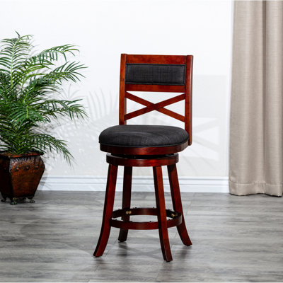 24" Counter Height Swivel Stool, Cherry, Peaceful Charcoal Fabric Seat Stool In Seat. Frame. 360-degree Rotation. Foam Cushioned Flared Legs For Stability