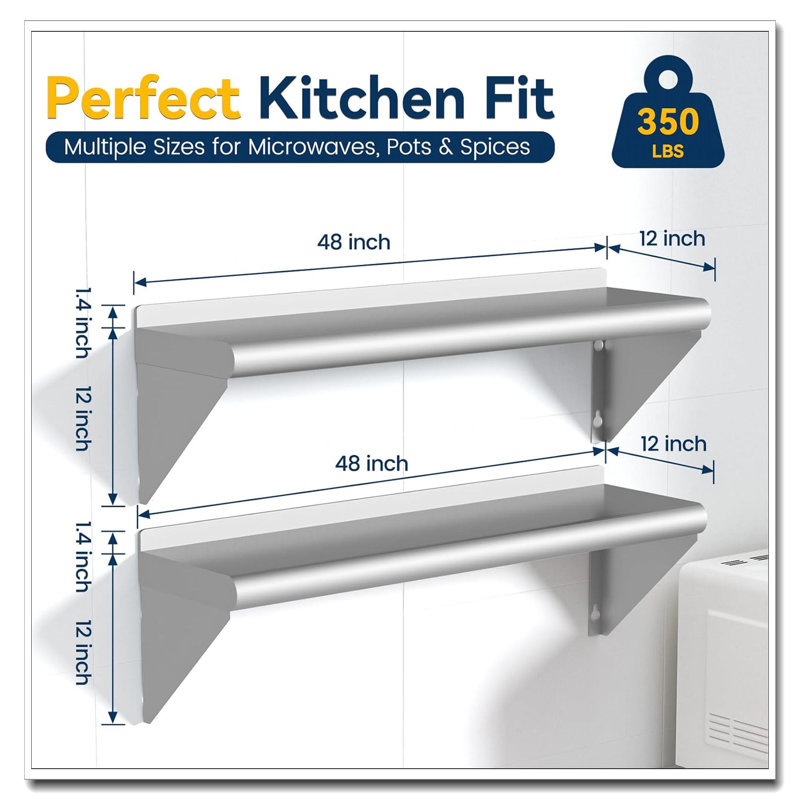 2 Pack 12X48 Inch Wall Mounted Stainless Steel Shelves 350 Lb Capacity Commercial Metal Shelving For Restaurant Kitchen Garage Bar