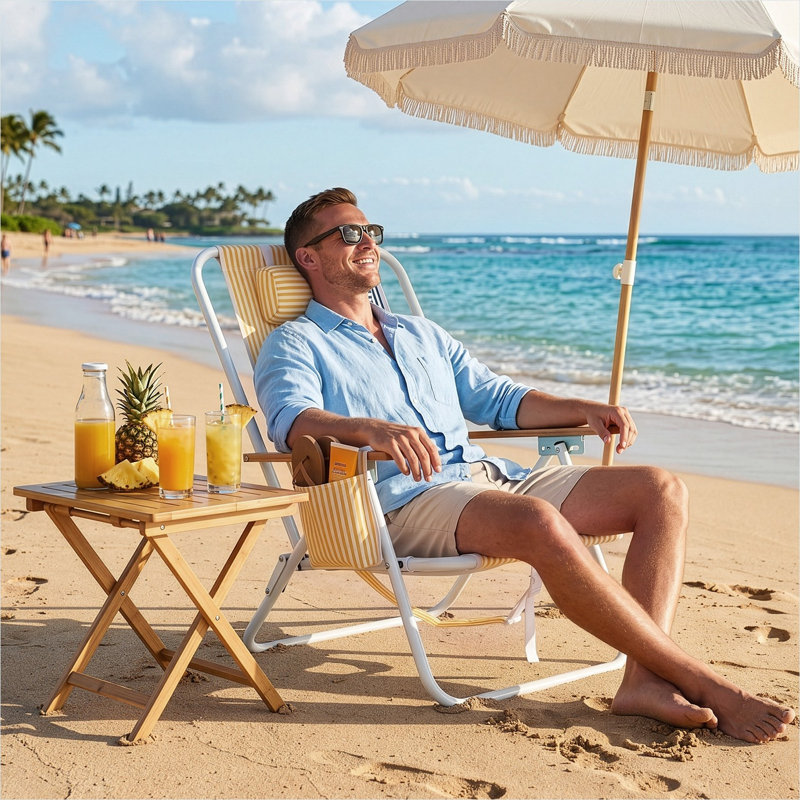 Chaise de plage pliable en aluminium antirouille avec accoudoirs en bois et inclinaison en 4 positions pour terrasse et pelouse
