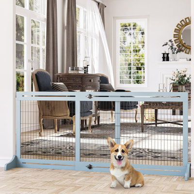 Extra Wide Freestanding Pet Gate, 72" W X 27.78" H, Adjustable For Dogs, Cats, Patio Barrier, Blue-Grey Fence - Blue-Grey, Length Pets, Construction, Blocks Access, Easy Installation And Removal