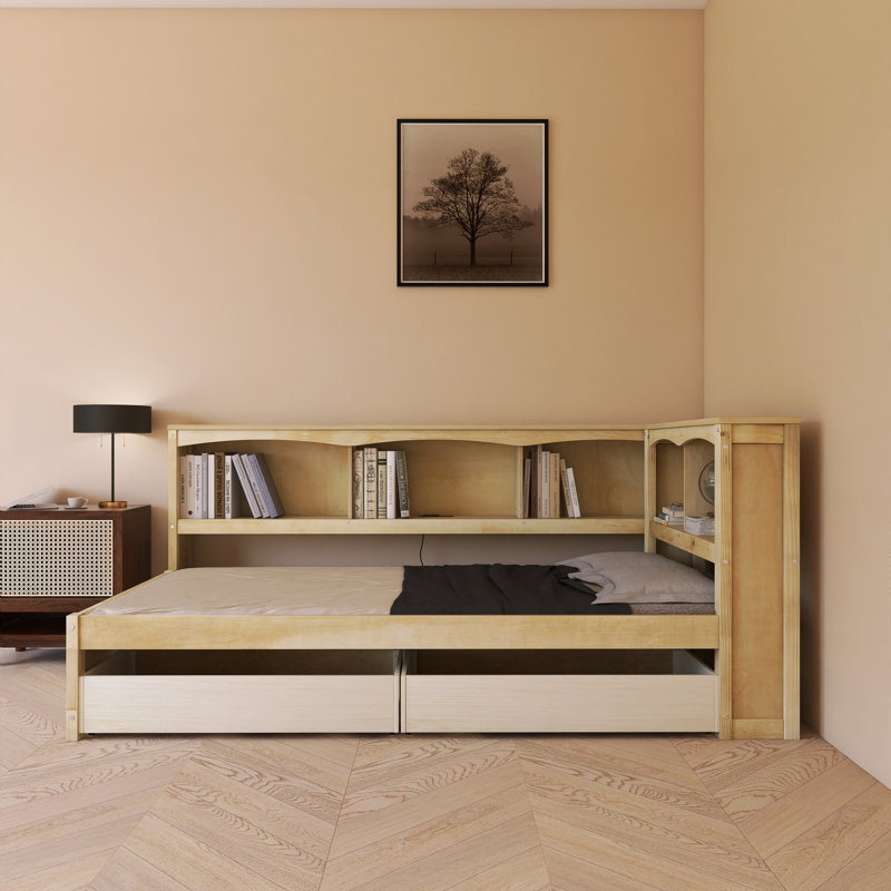 Lit plateforme simple avec rangement Wood, Naturel